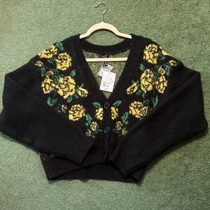 Forever 21 Black Cardigan with Yellow Roses